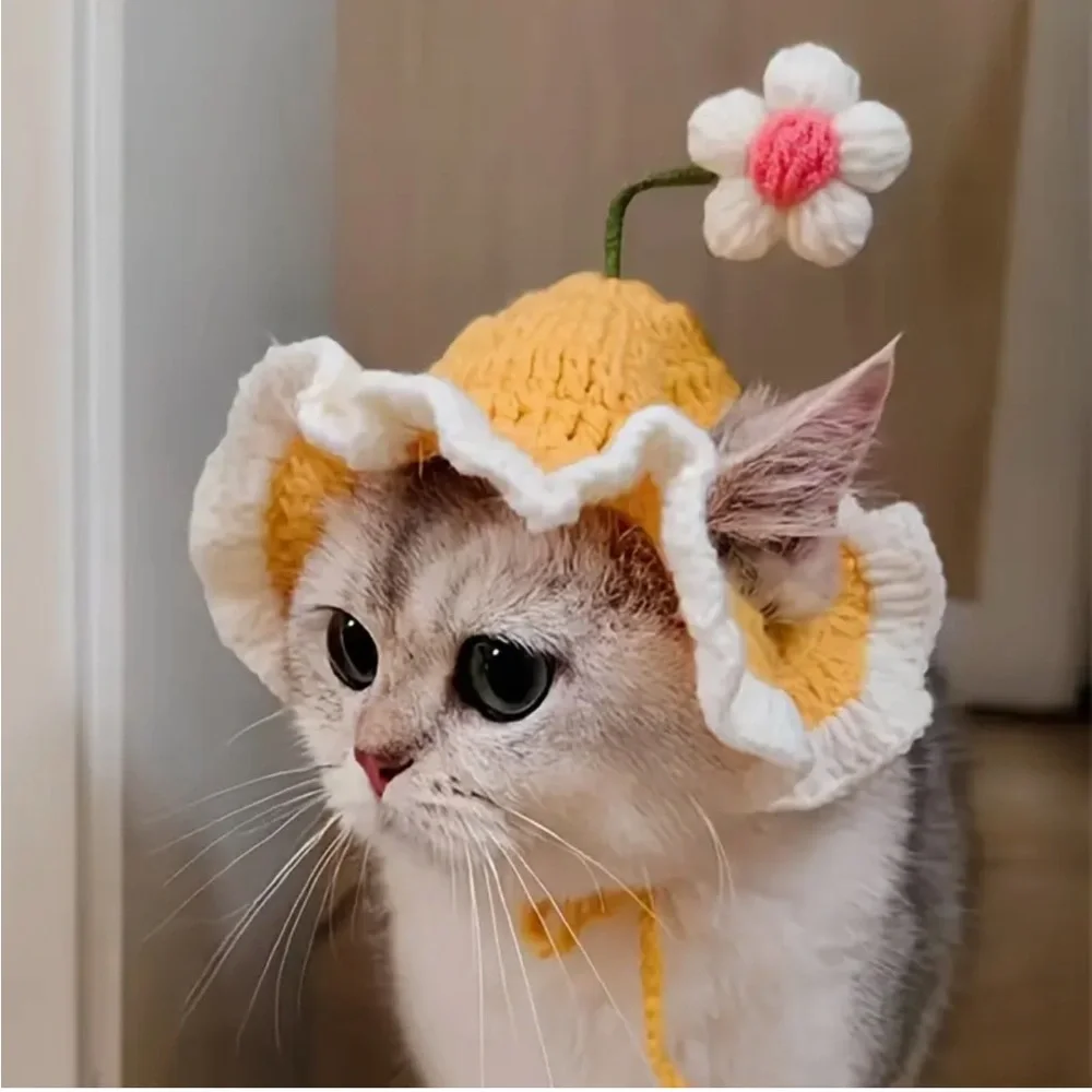 Cat or Dog Crochet Ruffle Sun Hat with Flower - Yellow and White